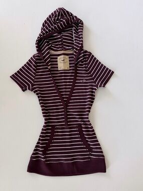 Hollister Burgundy & White Striped Hooded Tunic